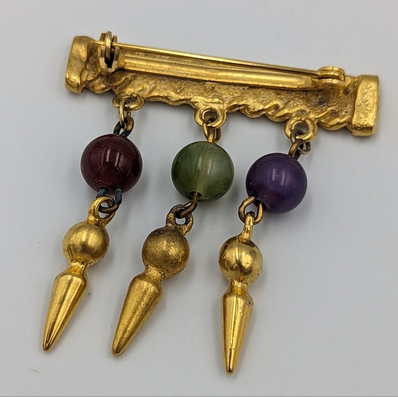 Vintage Gold Tone Unsigned Bar Brooch with Dangles Semiprecious Gemstones Beads - Picture 4 of 9